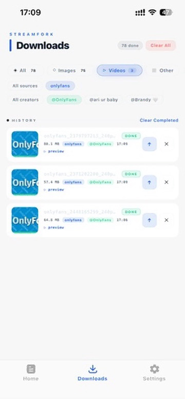 Onglet liste de téléchargements affichant actifs et historique