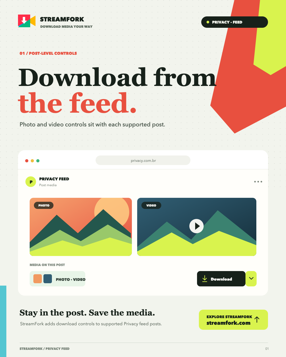 StreamFork download controls beside Privacy.com.br feed posts with photo and video options