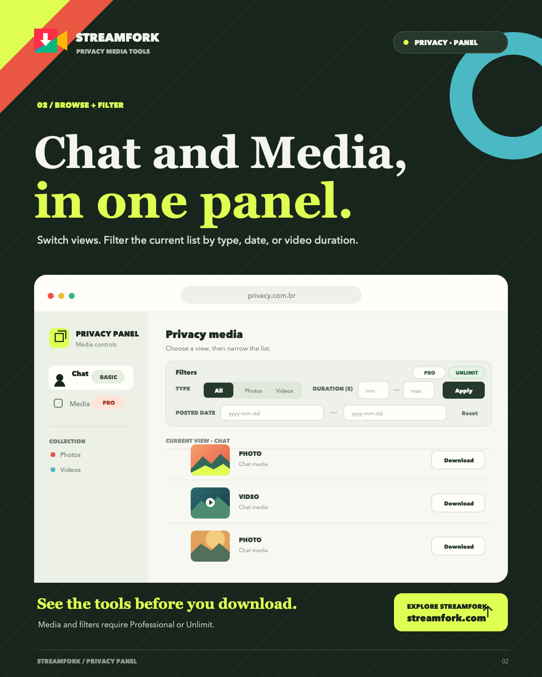 StreamFork side panel on Privacy.com.br with Chat and Media views, type, date, and duration filters, and plan labels